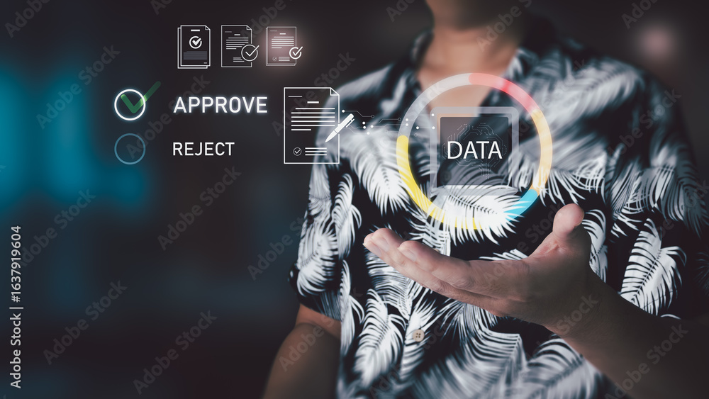 Poster a man in a casual shirt presents a virtual interface for data and document approval, symbolizing wor