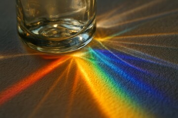 Prismatic light through a glass bottle casts a rainbow spectrum on textured paper, abstract background with copy space.