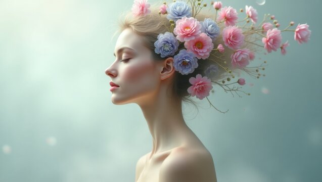 Mujer emergiendo de un paisaje on&iacute;rico brumoso, mientras florecen flores de colores vibrantes