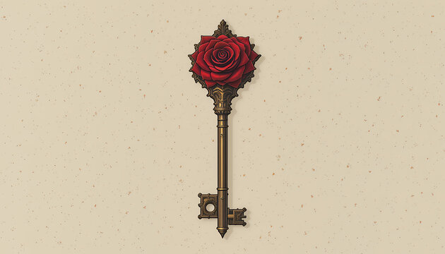 Ornate vintage skeleton key with a detailed red rose on a textured parchment background