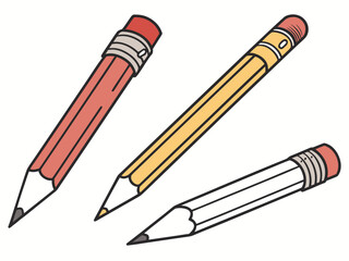 Three colorful pencils with erasers on a white background
