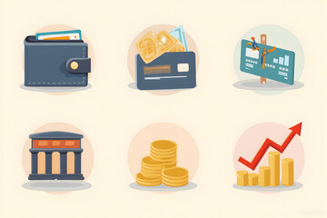 Finance Icons Showing Wallet, Credit Card, Bank and Growing Chart