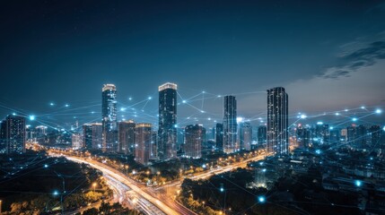 Fototapeta premium Futuristic Cityscape at Night: High-Rise Buildings Connected by Digital Network, Representing Modern Communication and Technology