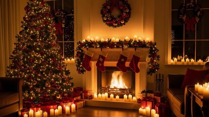 Cozy Christmas living room with a decorated tree and a fireplace. Festive holiday scene with stockings, candles, and presents creating a warm and magical atmosphere. - Powered by Adobe