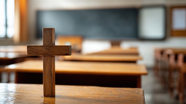 Wooden Cross on Classroom Desk: Symbol of Faith, Education, and Reflection in Learning Environment