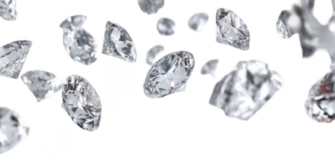 Many falling diamonds isolated on a white background, png, transparent