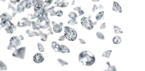 Many falling diamonds isolated on a white background, png, transparent