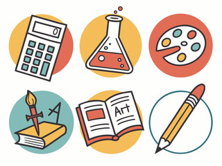 Collection of colorful school supplies and art tools