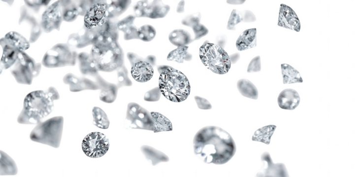 Many falling diamonds isolated on a white background, png, transparent