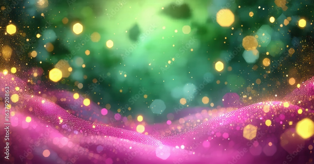 Poster abstract background features vibrant green, pink hues. sparkling lights create festive, dreamy effec