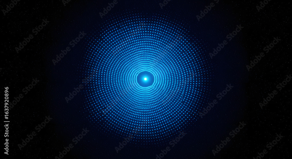Poster abstract blue glowing concentric circles on a starry background creating a futuristic and technologi