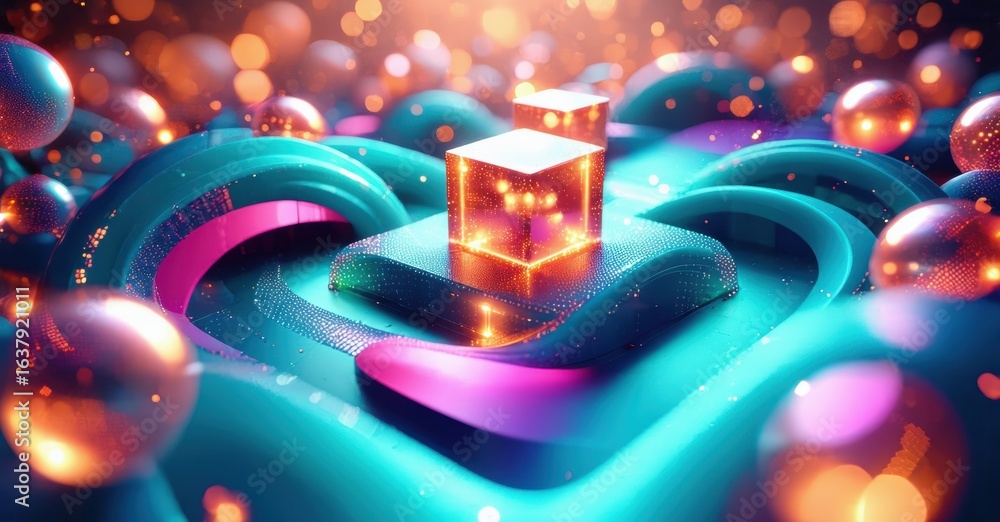 Poster abstract vibrant composition. cubes rest upon flowing shapes, surrounded by glowing spheres. dramati