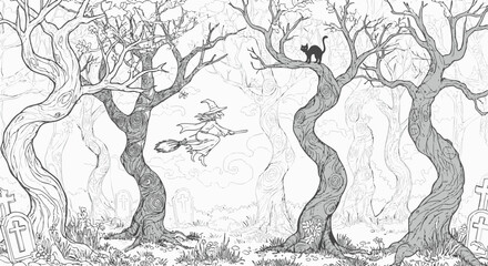 Whimsical Halloween Sketch Witch's Flight Through Graveyard Trees with a Black Cat