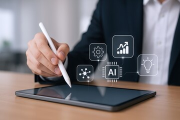 Digital Transformation: Businessman Using Tablet with AI Icons for Business Growth and Innovation