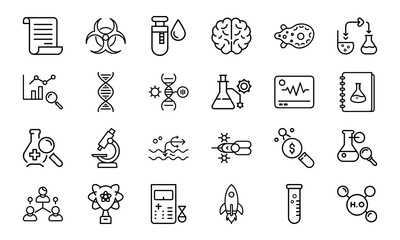 24 Science and Laboratory Line Icons DNA, Chemistry, Biology, Physics, Research, Experiment, and Medical Vector Icon Set for Scientists, Teachers, and STEM Projects
