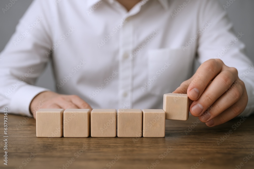 Poster person arranging blank wooden blocks on wooden table for custom text or message