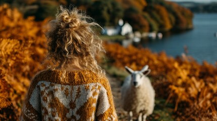 Obraz premium Woman in a knitted sweater facing away from the camera, standing in a field of autumn ferns with a sheep nearby and a lake in the background