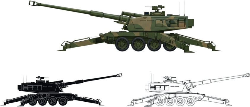 M777 Howitzer 3-Style Military Illustration Set | Realistic Color, Bold Silhouette & Technical Line Art | Modern 155mm Towed Artillery Graphic for Collectors & Designers