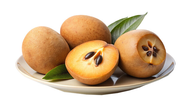 Delicious Sapodilla fruit arranged on a plate showing both whole and sliced fruits