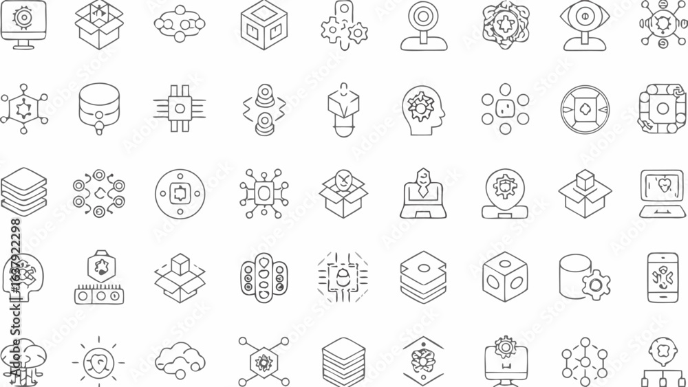 Poster illustration showing various artificial intelligence and technology related icons in line art style 