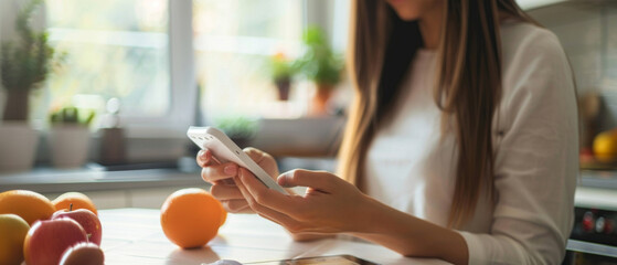 A woman in light-colored clothes is looking at a phone, fruit is on the table. Useful for articles about healthy eating, cooking blogs and mobile app advertising.
