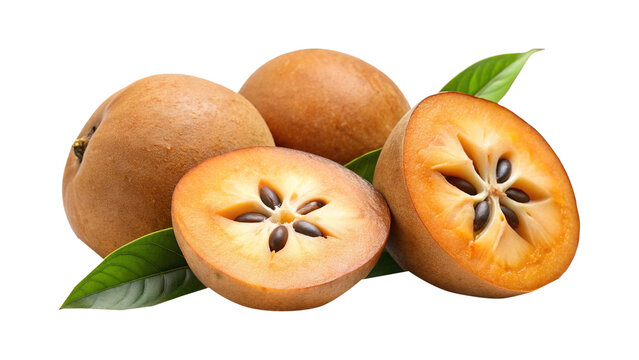 Delicious Sapodilla fruit composition with sliced open halves showing black seeds