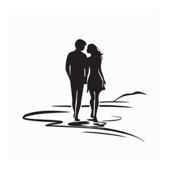 Romantic Couple Walking on the Beach Silhouette Vector on white background