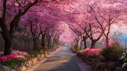 Naklejka premium Enchanting Cherry Blossom Pathway: A Springtime Journey into Floral Beauty .