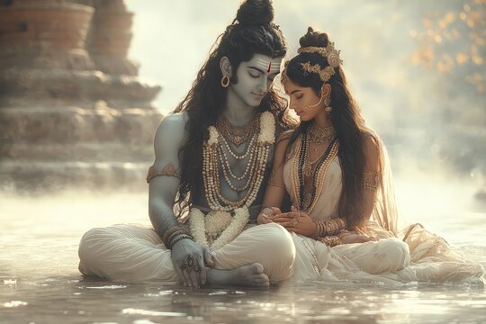 A serene image of Shiv and Parvati in a quiet moment of reflection, embodying deep understanding and love
