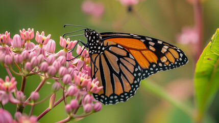 Obraz premium Monarch on Milkweed. A monarch butterfly gathering nectar from a swamp milkweed flower.