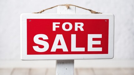 For Sale Sign on Wooden Post, Real Estate Advertisement, White Frame, Red Background