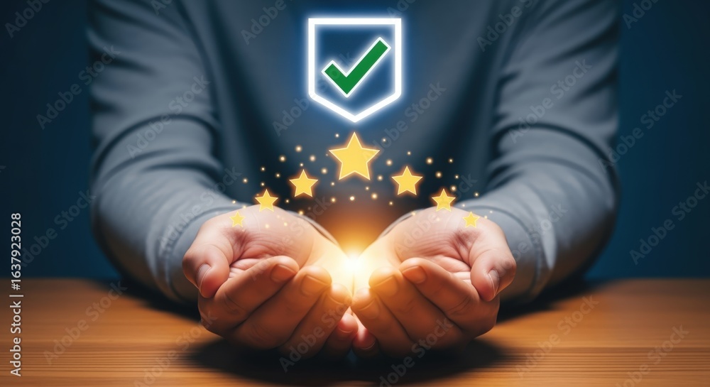 Poster quality assurance shield with glowing stars and hands representing protection and guarantee in a mod