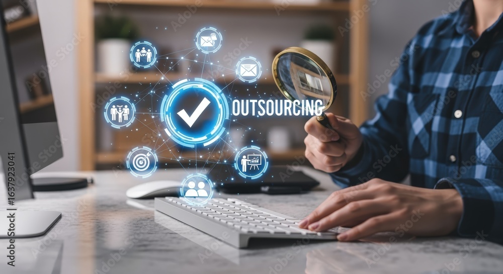 Poster outsourcing concept: business professional analyzing virtual icons and optimizing strategies for enh