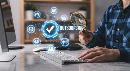 Fototapeta premium Outsourcing Concept: Business Professional Analyzing Virtual Icons and Optimizing Strategies for Enhanced Efficiency and Productivity at the Office