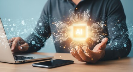 Artificial Intelligence Conceptual Image: Person Holding AI Chip with Laptop and Phone, Represents Innovation