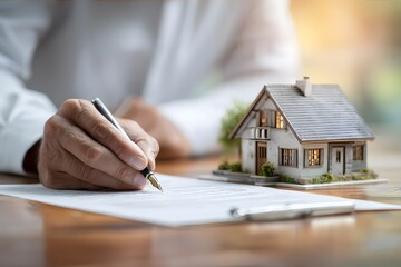 A person signing a document with a small house model on the table.
