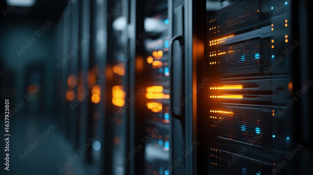 Poster data center servers with glowing led lights, showcasing information technology and cloud computing i