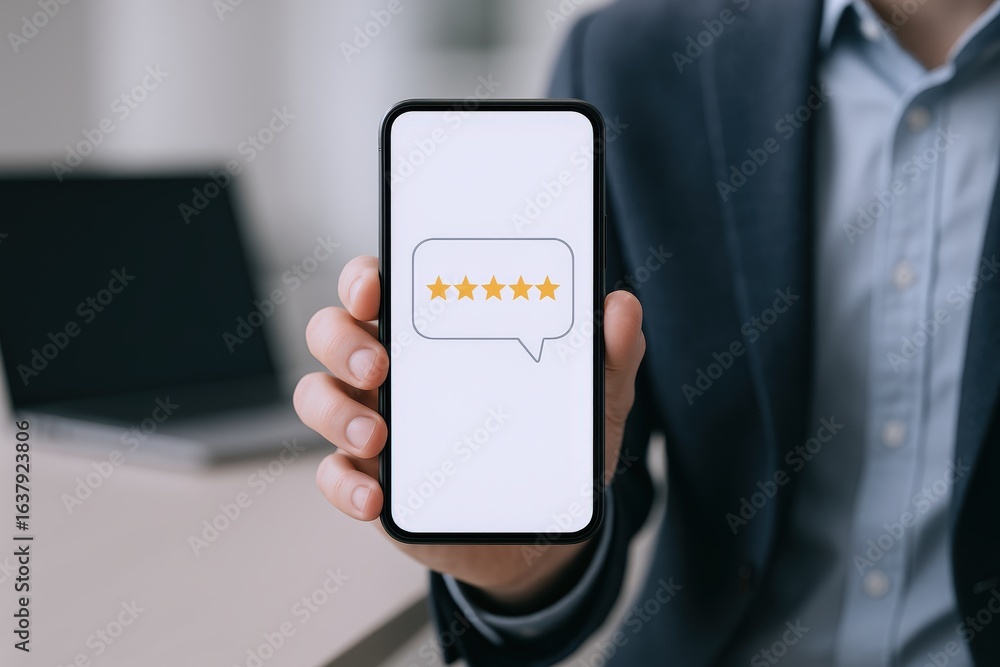 Poster customer feedback displayed on a mobile device highlighting five-star rating for an excellent online