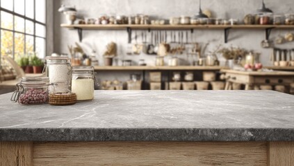 Kitchen counter top with food storage jars and crackers.