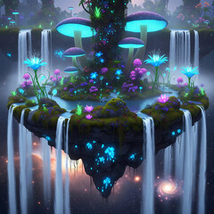 Surreal Floating Island with Bioluminescent Flora and Waterfalls Cascading into a Starry Cosmic Void – Dreamscape Fantasy Artwork for Sci-Fi and Magical World Concepts