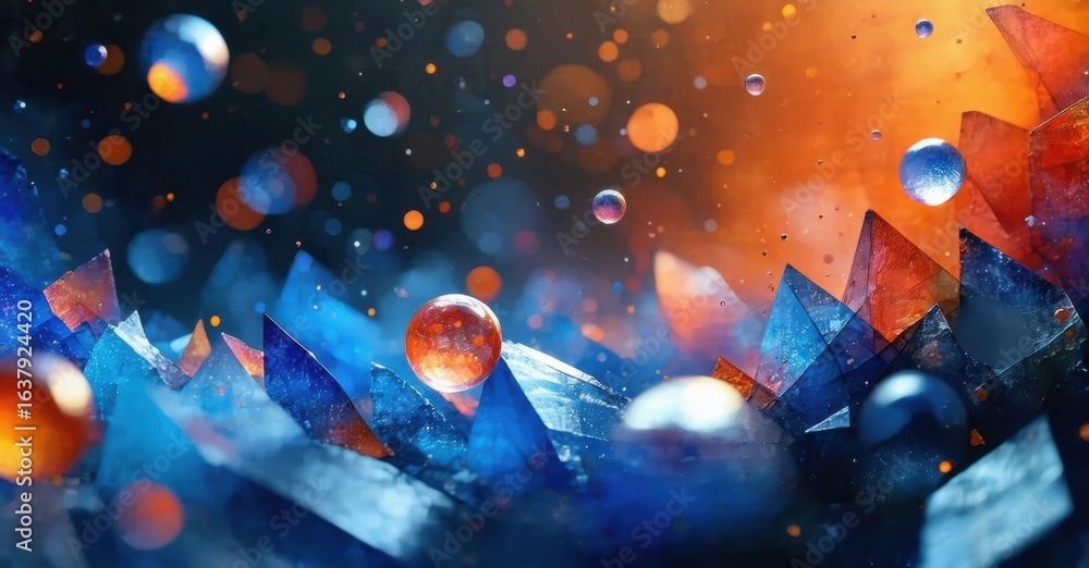 Poster abstract crystalline structures, vibrant blues, oranges dominate. spheres float amidst sparkling par