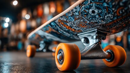 Close-up of decorated skateboard with bright wheels in skate shop