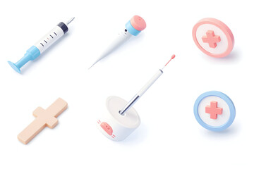 Medical Equipment Still Life Rendering with Syringes and Crosses