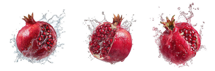 Set of Pomegranate with water splash isolated on a transparent background