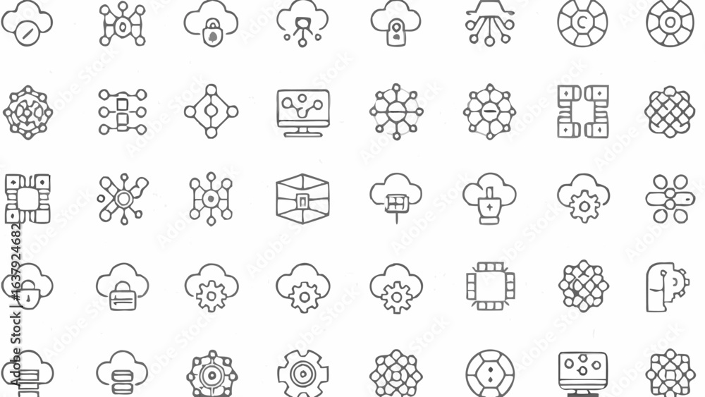 Aufkleber illustration of various cloud computing and network technology icons arranged in a grid like pattern