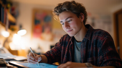 Focused college student sketching engineering drawing in cozy dorm room