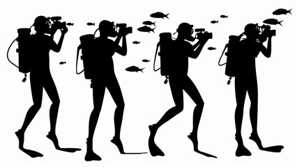 Silhouettes of four scuba divers with cameras underwater surrounded by many fish in a white background   editable eps vectors © Adeel