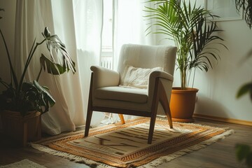 Cozy Interior with Armchair, Plants, and Natural Light An Indoor Haven of Comfort and Tranquility in a Serene Environment