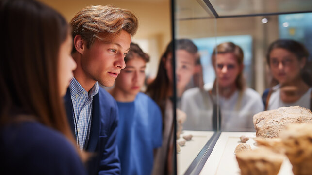 Students on a museum field trip exploring ancient artifacts and history