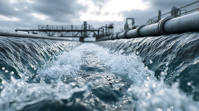 Industrial water treatment channels with bubbles and piping structure capturing modern infrastructure .